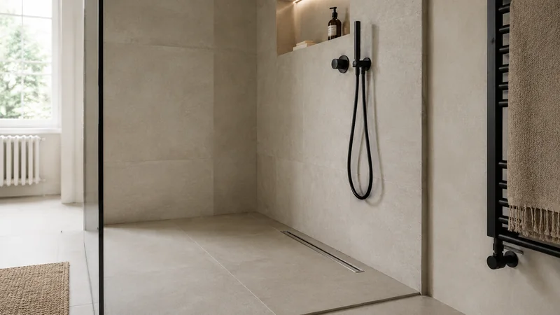 Dusche statt Wanne: ebenerdige Dusche mit Rinne hinter einer Glasscheibe