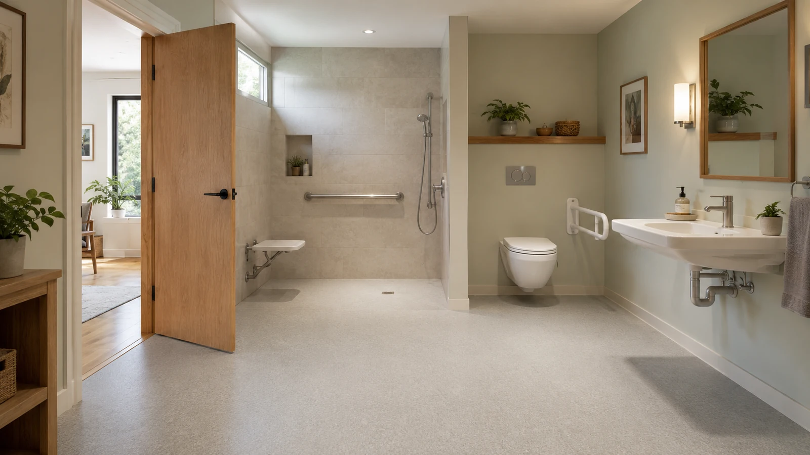 Stufenlose Dusche mit Haltegriff an der Wand in einem altersgerechten Bad