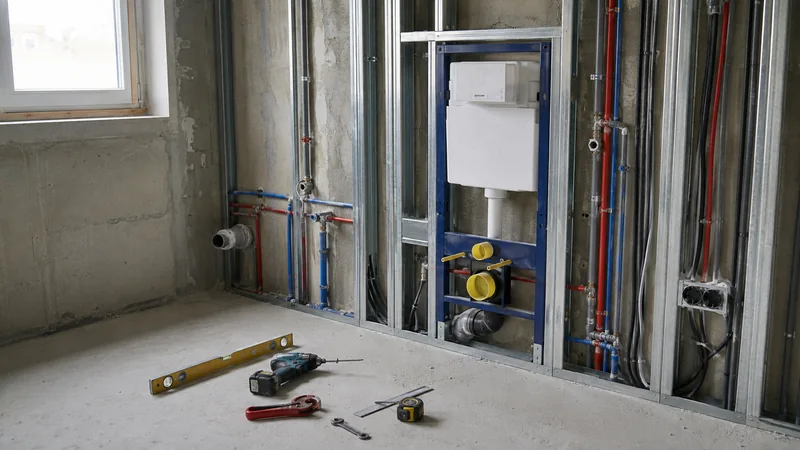 Badumbau: Vorwandelement und frisch verlegte Wasserleitungen in der Rohinstallation