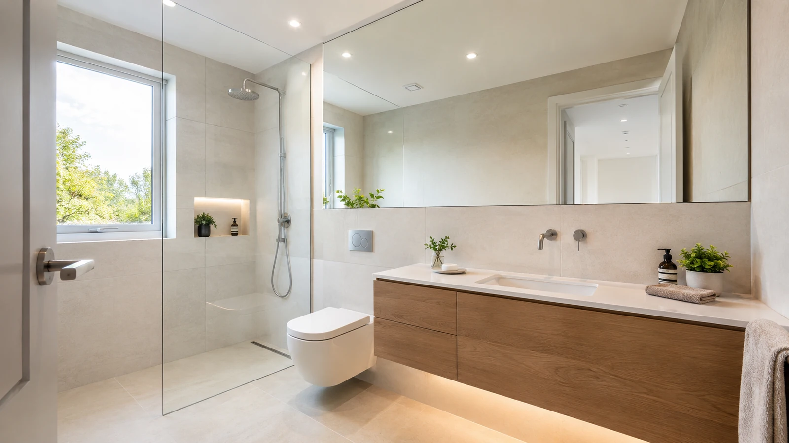 Saniertes Bad mit hängendem WC und ebenerdiger Dusche hinter Glas