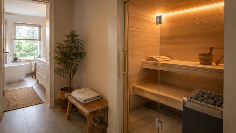 Sauna im Bad: eingebaute Kabine aus Holz