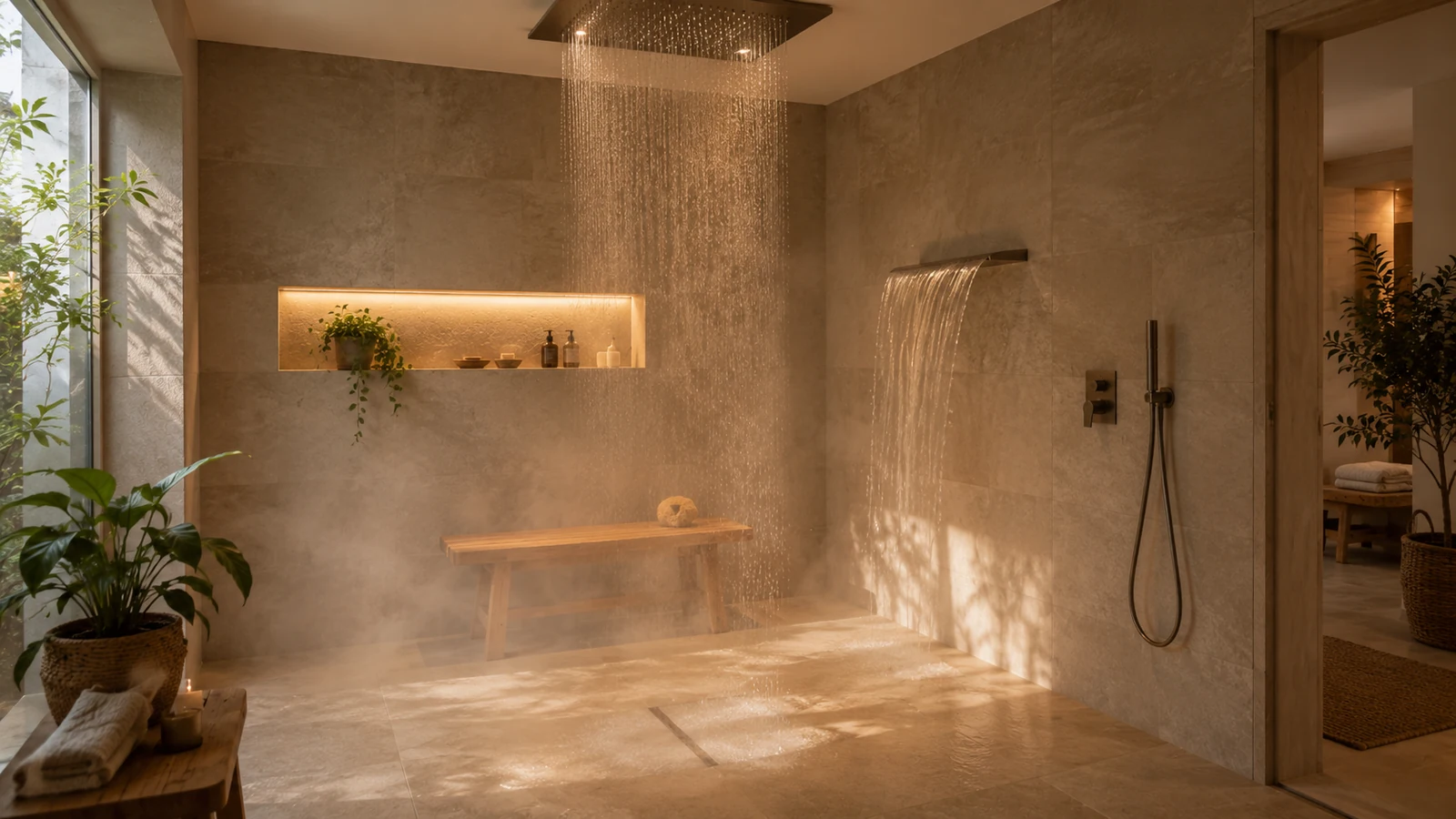 Fugenlos geflieste Dusche mit großer Regenbrause anstelle einer früheren Eckwanne