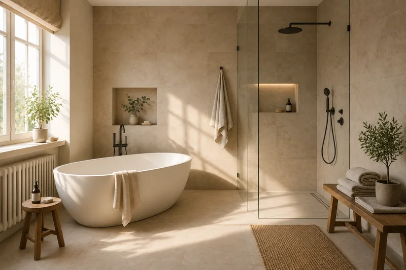 Badewanne oder Dusche: frei stehende Wanne neben einer begehbaren Dusche