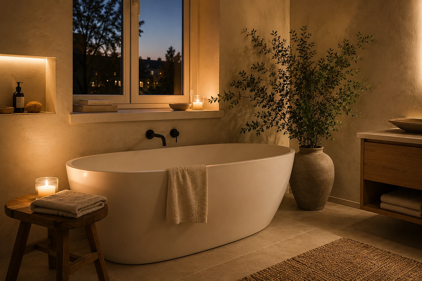 Freistehende Wanne mit etwas Luft zur Wand, am Abend warm beleuchtet