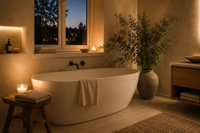 Wohlfühlbad: frei stehende Wanne am Fenster in der Abendsonne