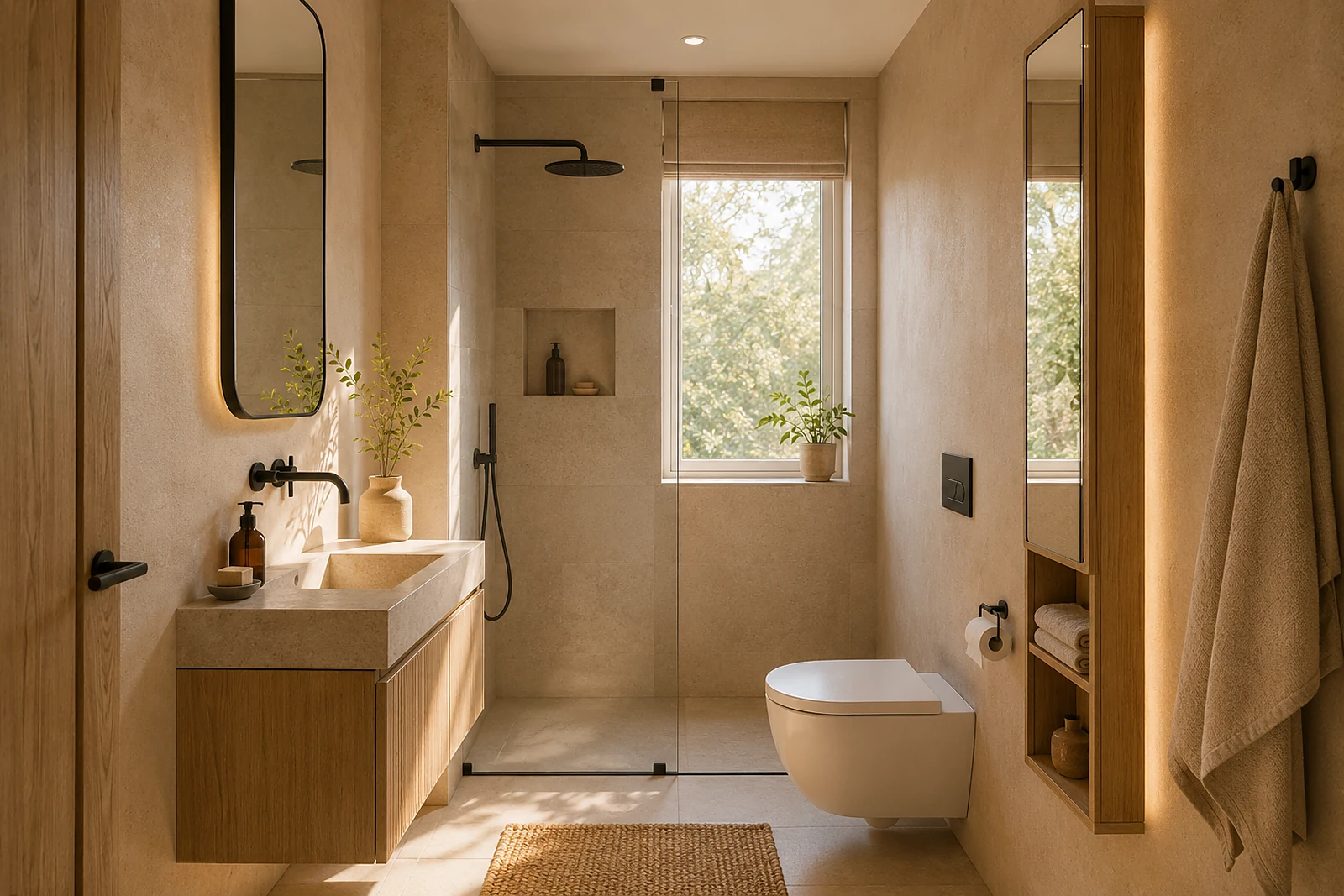 Schmales Bad mit Dusche, Waschtisch und WC in einer Reihe
