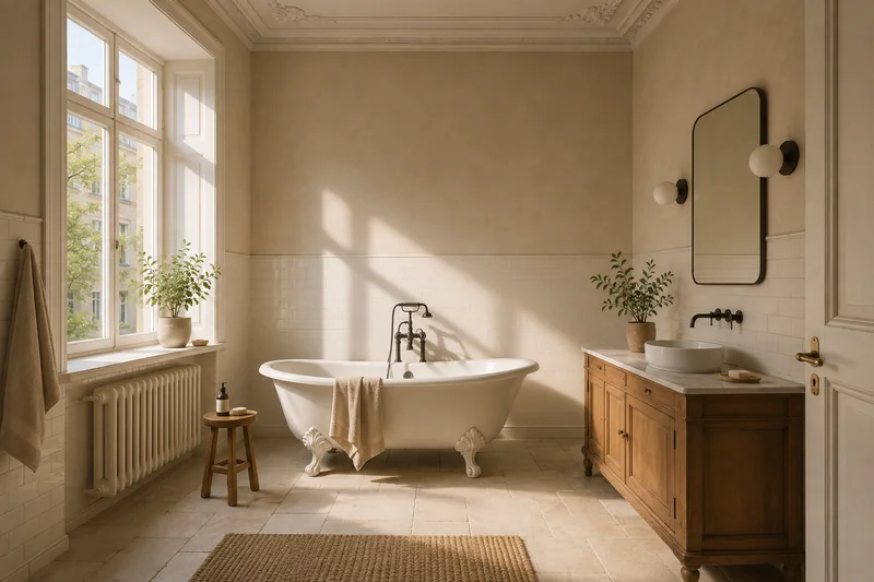 Altbaubad mit hoher Stuckdecke und frei stehender Wanne