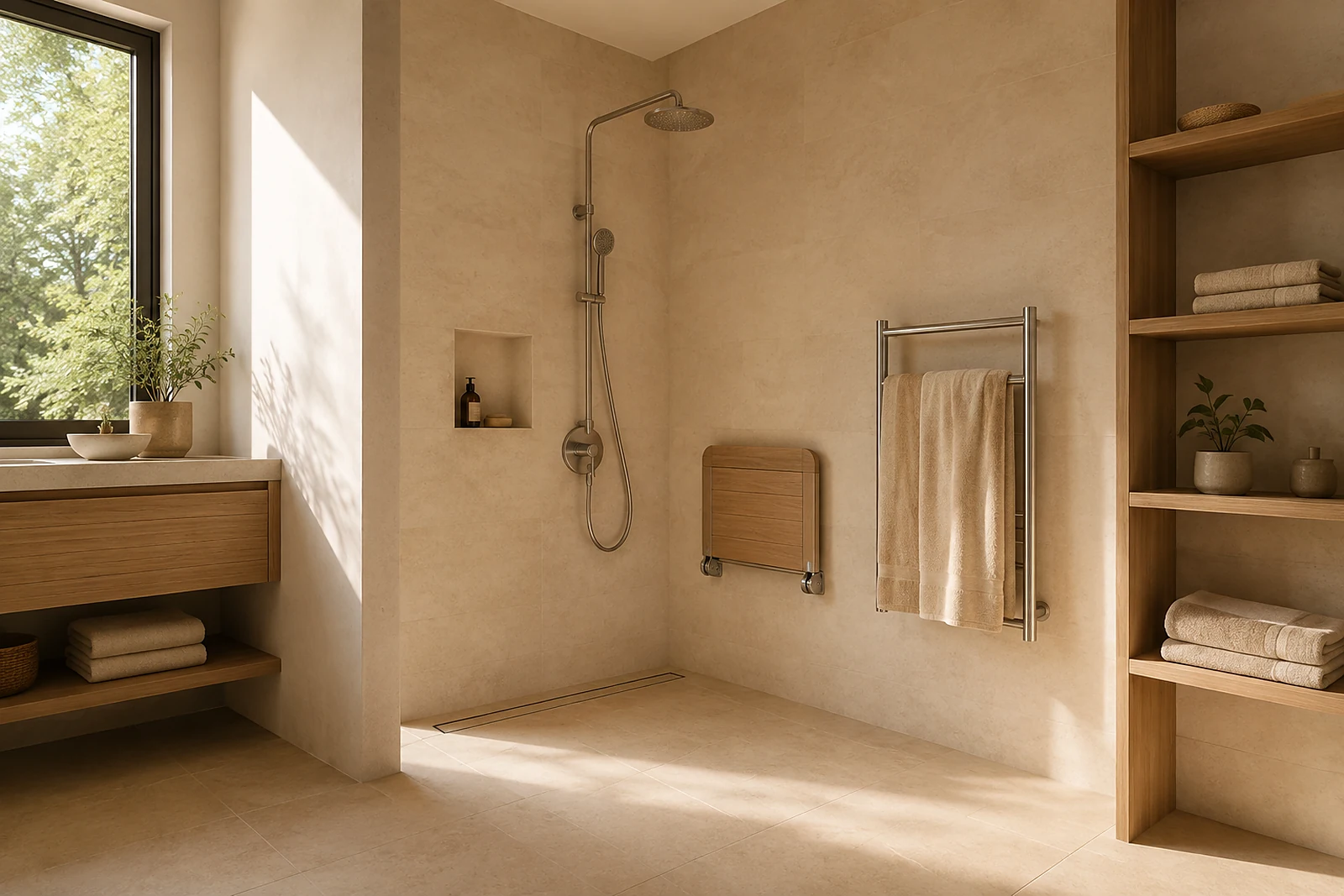 Ebenerdige Dusche mit hochklappbarem Sitz und Haltegriff an der Fliesenwand