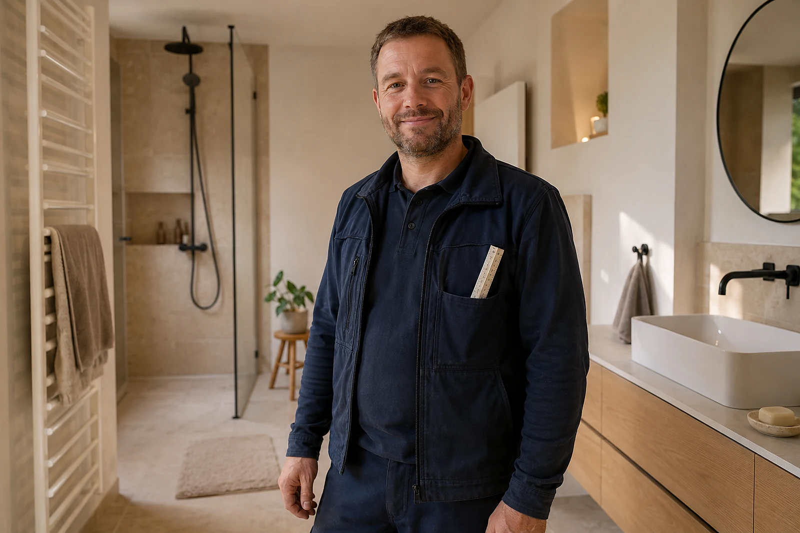 Monteur mit Zollstock in der Brusttasche in einem sanierten Bad