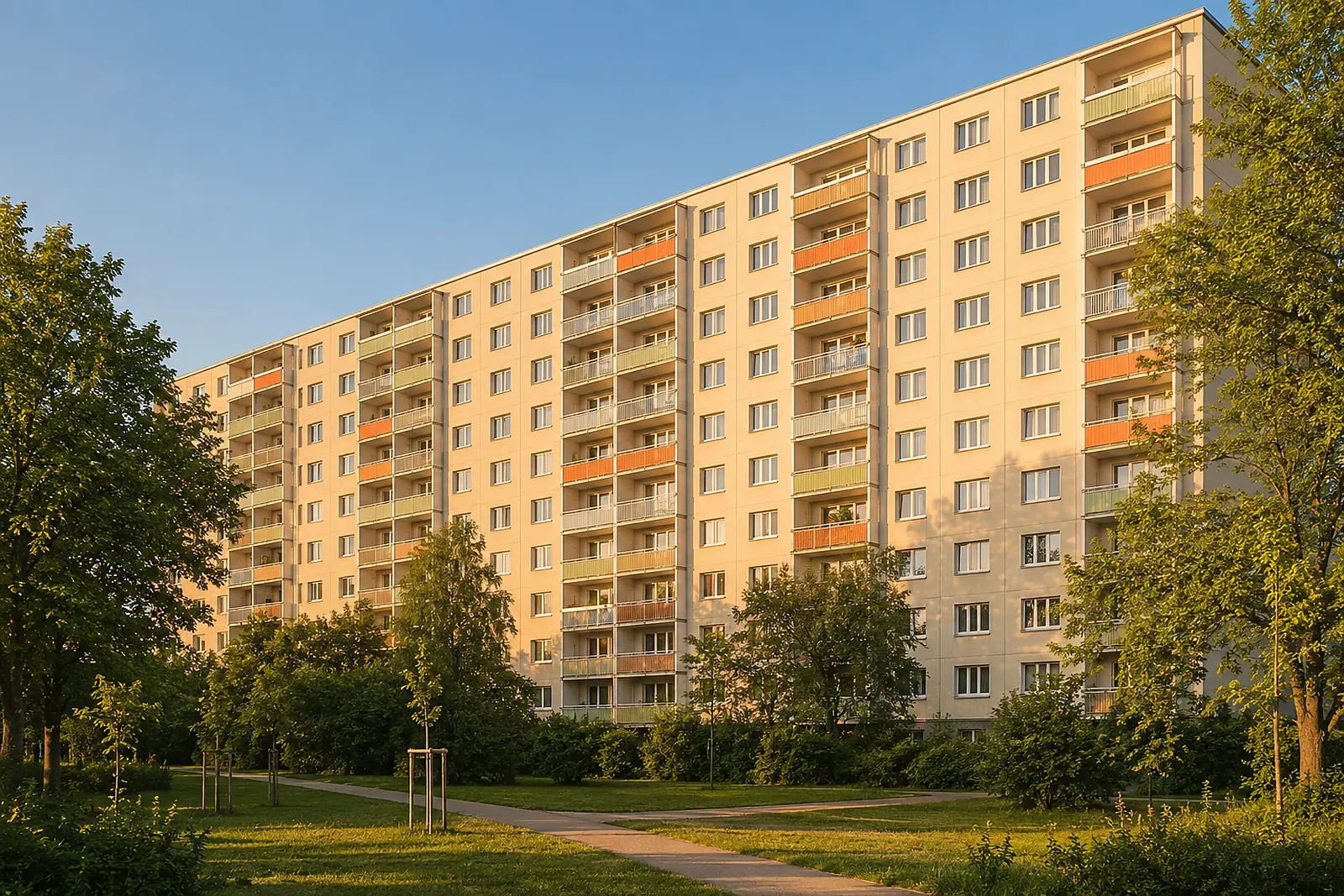 Plattenbau nach der Sanierung, die Balkone in abgesetzten Farben