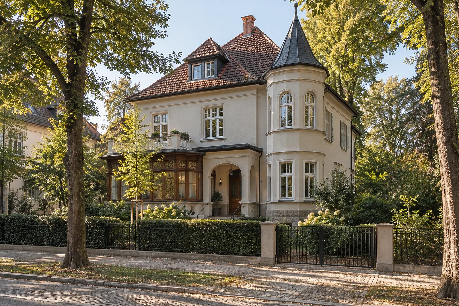 Frei stehendes Wohnhaus aus der Zeit um 1900 mit Veranda und Vorgarten