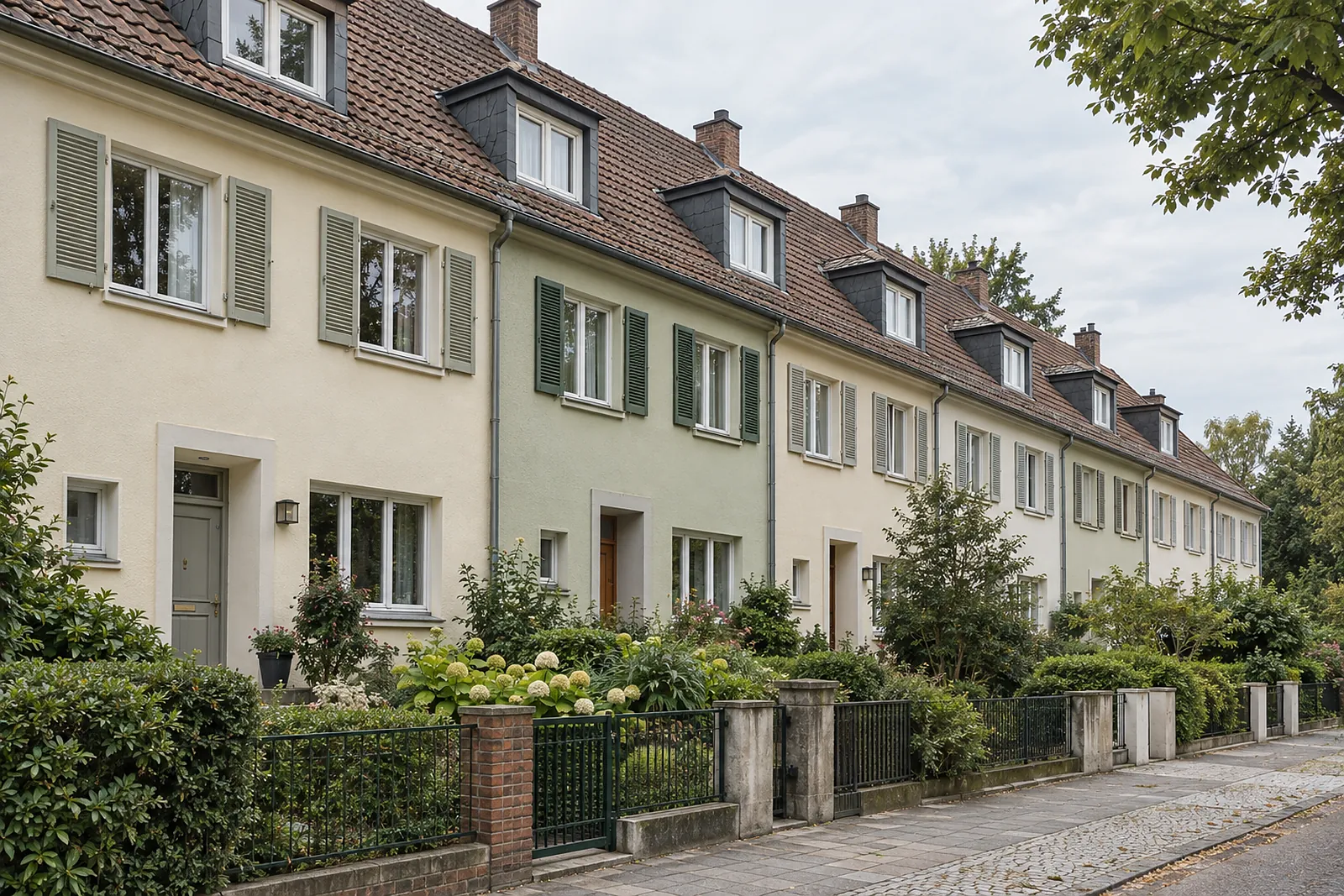 Zeile von Reihenhäusern der Nachkriegsjahre mit kleinen Vorgärten