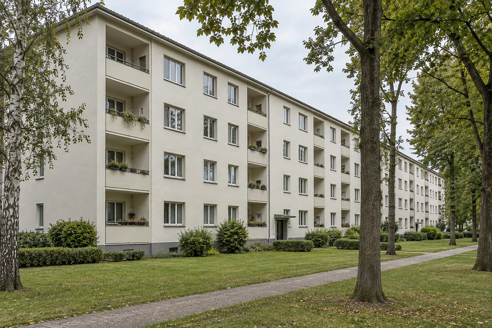 Zeilenbau aus den fünfziger Jahren mit Loggien und Wiese vor dem Haus