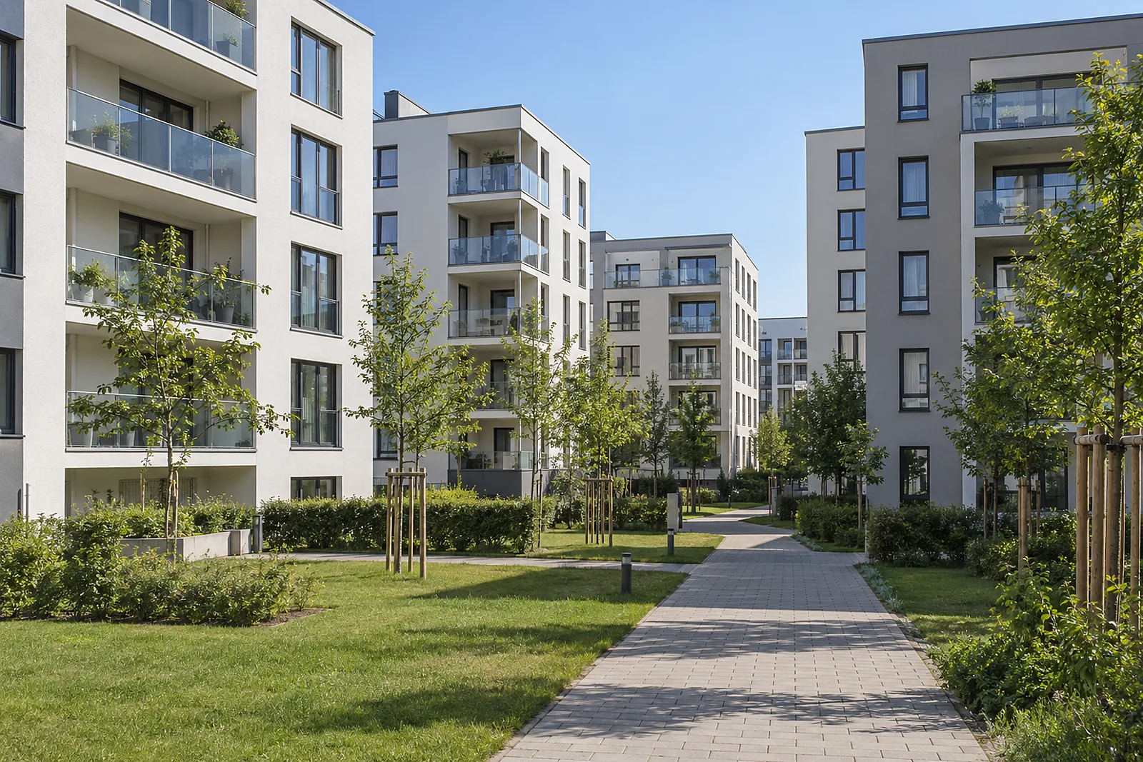 Wohnhäuser mit Loggien und frisch gepflanzten Bäumen am Straßenrand