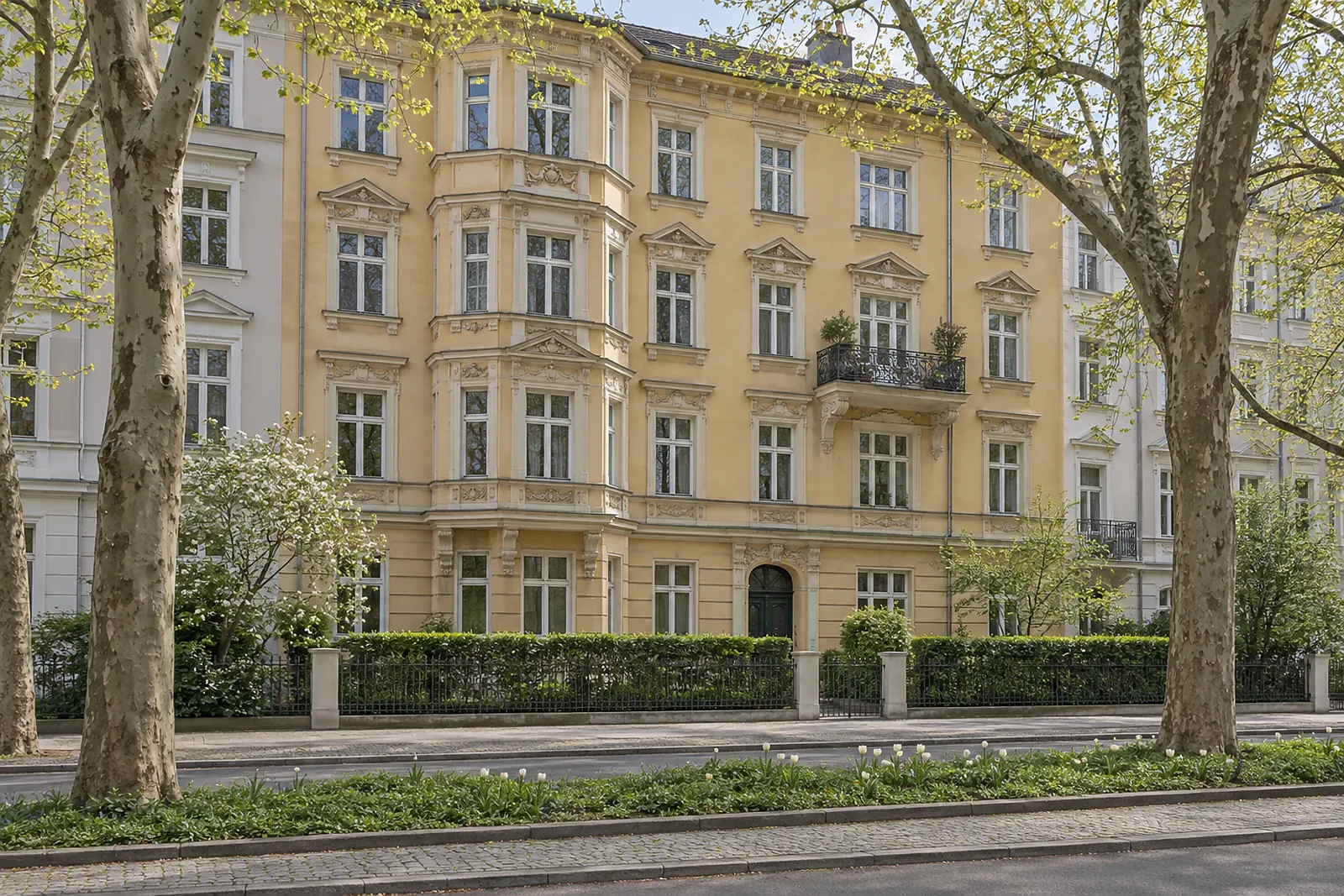 Instand gesetzte Altbaufassade mit Erker an einer baumbestandenen Straße